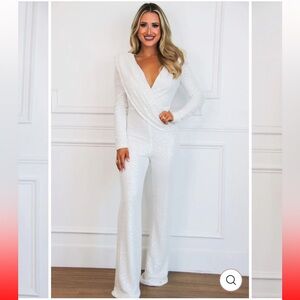 Bella & Bloom - Sequin White V Neck Long Sleeved Jumpsuit Size M
